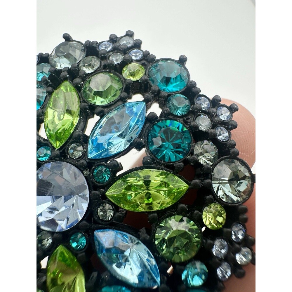 Green Blue Rhinestone Flower Pin Brooch - Picture 4 of 7